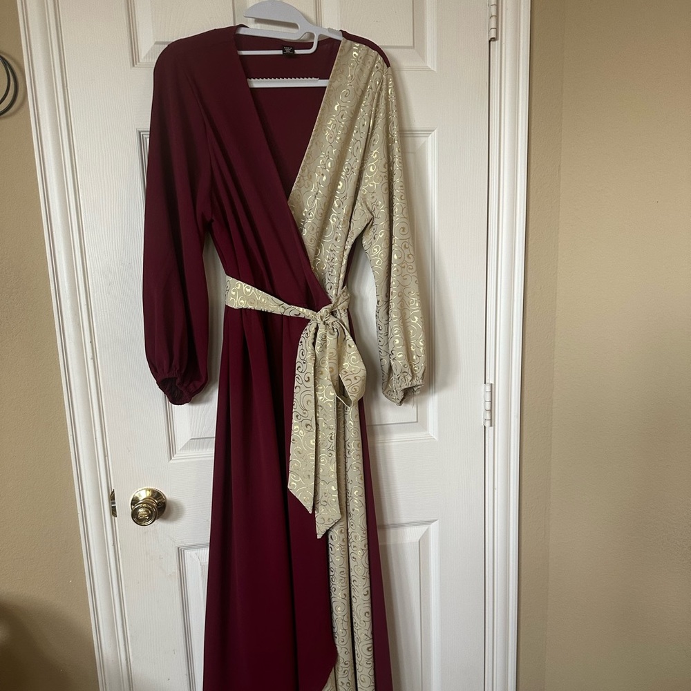 Elegant Burgundy and Gold Wrap Dress